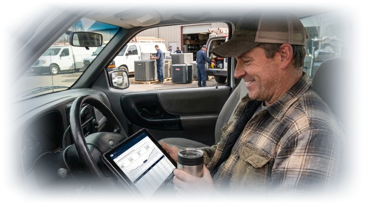 HVAC shop owner reviewing his MetricRun cash briefing on a tablet from his truck